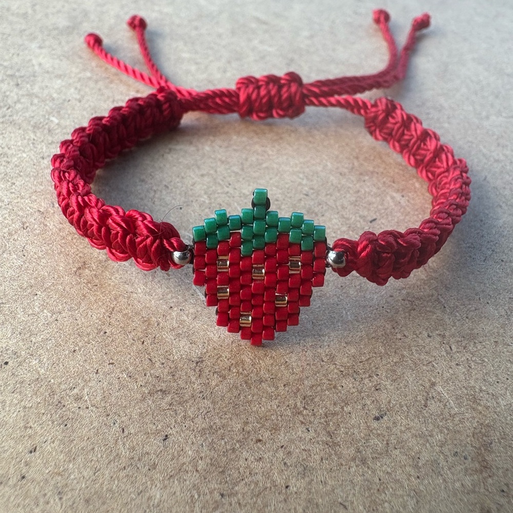 Red Macrame Bracelet with Beaded Strawberry Accent